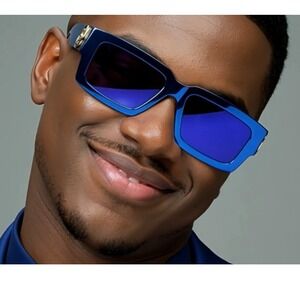Blue Sunglasses Gold Metal Bar Accents Square Shades Outdoor Street Wear UV400‎